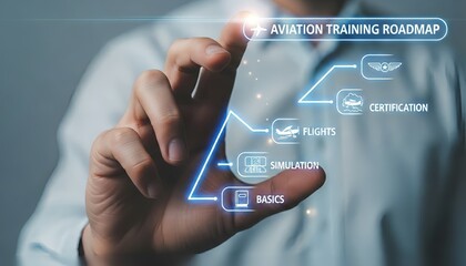 Man pointing at aviation training roadmap with steps of basics simulation flights and more
