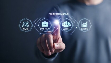 Person interacting with online freelancing interface showcasing niche portfolio clients scaling