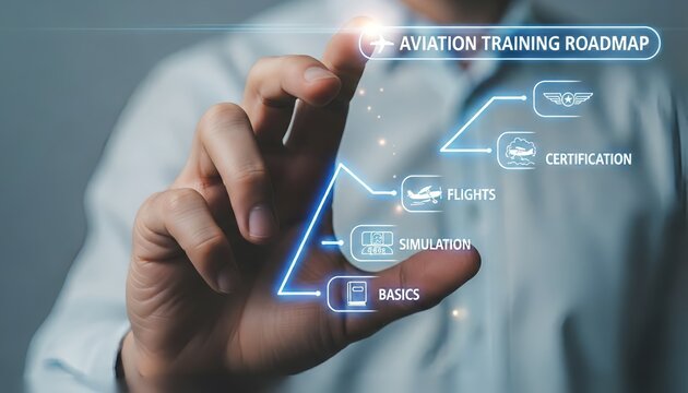 Man pointing at aviation training roadmap with steps of basics simulation flights and more - Powered by Adobe