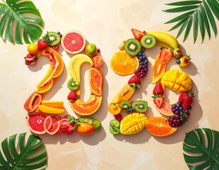 2023 Formed with Colorful Fruits and Tropical Leaves
