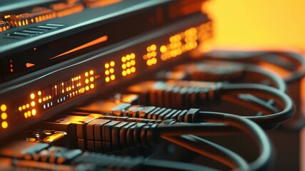 Rows of networking devices are connected by glowing orange cables in a data center. The low light highlights the intricate layout of technology used for data transmission. - Powered by Adobe