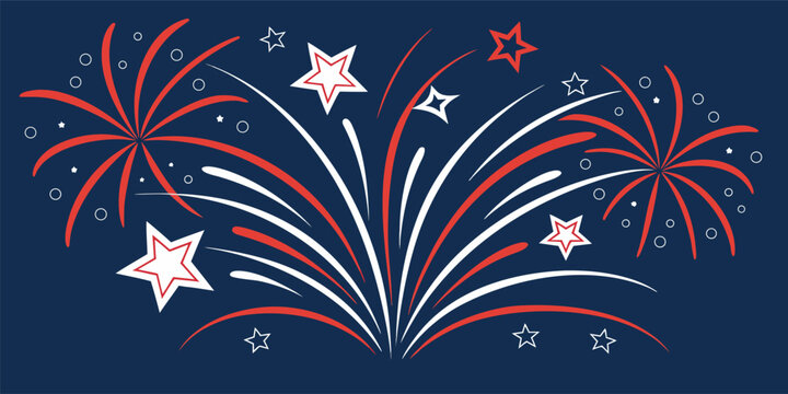 American Independence Day border filled with fireworks bursts, star confetti, flag stripes, elegant patriotic vector background.