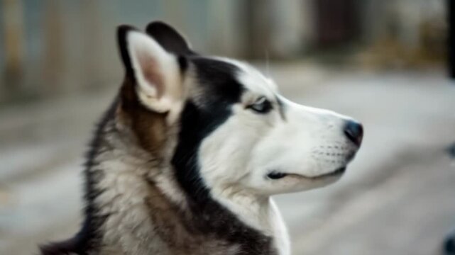 Blue husky dog portrait gaze upward with blue eye attentive expression soft fur outdoors portrait gaze attentive blue eye dog