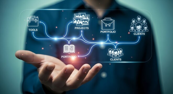 Man holding digital display showing tools projects portfolio and clients connection - Powered by Adobe