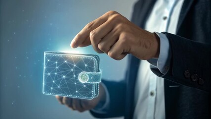 Digital wallet glowing with network lines as businessman inserts cryptocurrency coin, digital bitcoin coin placed into holographic wallet for secure - Powered by Adobe