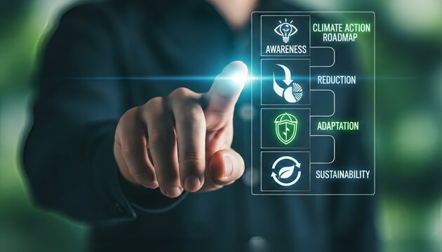 Finger touching climate action roadmap interface with awareness and sustainability - Powered by Adobe