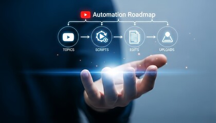 A hand reaching for a youtube automation roadmap with topics scripts edits uploads icons