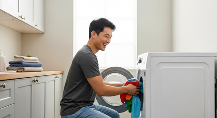Man loading washing machine and laughing, cleaning chores and home appliance use in modern laundry room