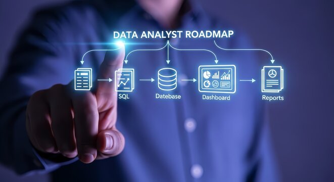 A person pointing at a data analyst roadmap with icons of sql database dashboard reports