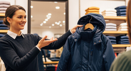 Winter jacket hood up, sales assistant presenting coat to customer, retail clothing store and seasonal shopping