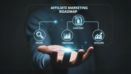 Affiliate marketing roadmap on a transparent screen held over a hand in dark setting