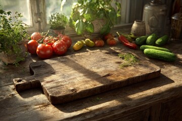 Rustic kitchen scene featuring fresh vegetables, herbs and a vintage wooden board set against a sunlit window, evokes a sense of natural abundance and culinary creativity.