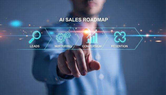 Man interacting with ai sales roadmap interface displaying leads nurturing conversion retention - Powered by Adobe
