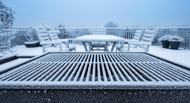 Frost on outdoor grill in snowy terrace setting, winter outdoor cooking challenge and seasonal backyard maintenance