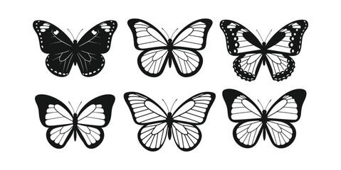 Six stylized black and white hand drawn butterfly illustrations in a grid pattern