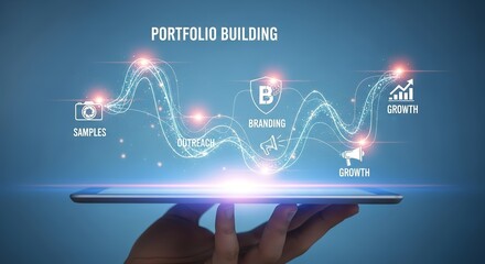 Hand holding tablet displaying portfolio building process with digital icons above it