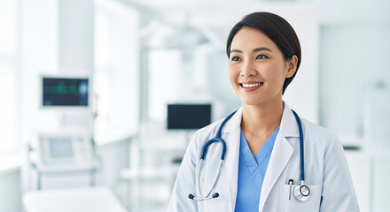 Cardiologist smiling after successful examination, doctor in modern clinic celebrating positive heart test results and healthcare success