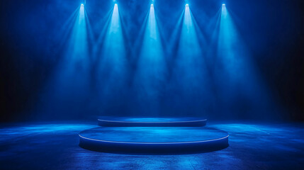 Immersive round stage with cool blue lighting for product showcase, concert, or event - perfect for adding your own elements and creating stunning visuals