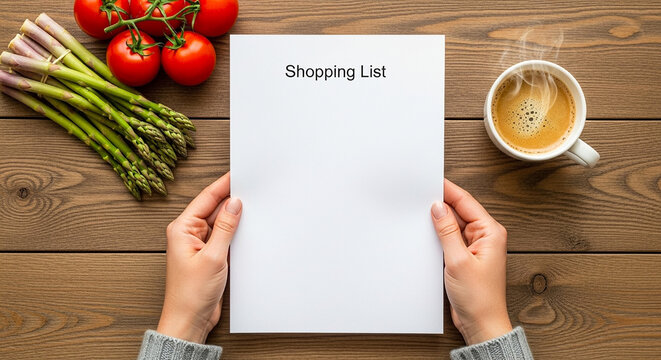 Blank shopping list on white paper mockup with female hands holding, food planning and grocery organization concept in home kitchen