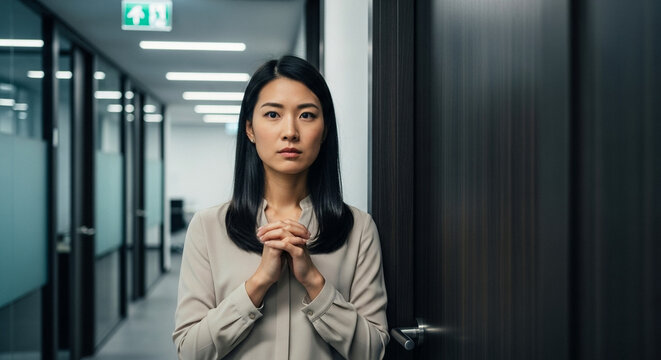 Woman staring at closed door, thoughtful businesswoman in modern office corridor, decision making and workplace stress - Powered by Adobe