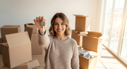 Woman holding keys and smiling proudly, moving day in new apartment with unpacked boxes, home ownership and relocation
