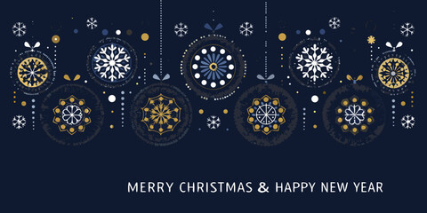 Festive merry christmas and happy new year banner with hanging snowflake ornaments and decorative elements