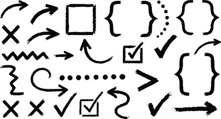  described features a collection of hand-drawn, black brush stroke icons that convey a playful and informal aesthetic. The use of a white background 