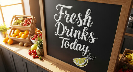 Chalk signs with drink offers on smoothie bar counter, fresh beverage promotions and natural fruit benefits in cafe setting