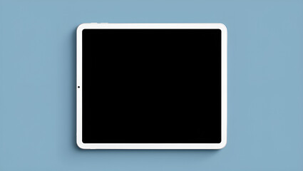 Top-down view of a pristine white tablet featuring a dark blank screen, strategically placed on a clean blue backdrop, perfect for showcasing your unique digital content and app designs, Generative AI