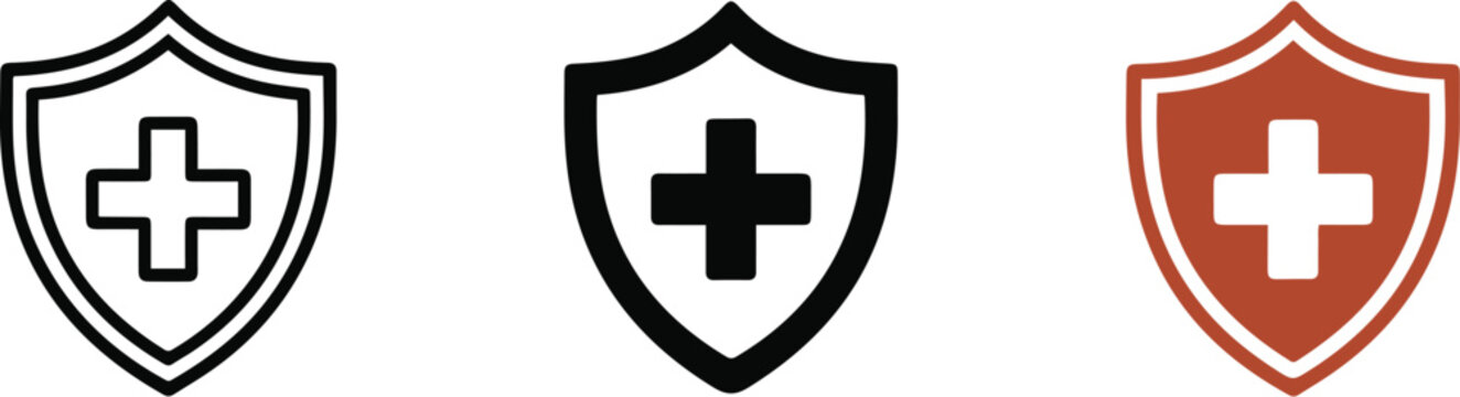 Red cross icon vector symbol of first aid with a shield and sword illustration