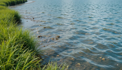 A shoreline with green grass and water landscape