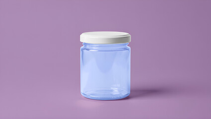 A simple and clean empty blue glass jar with a white lid, showcased against a solid pastel purple background for product packaging mockups, Generative AI