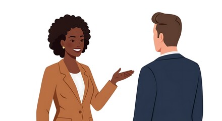 A professional Black woman in a brown suit jacket smiling and talking to a male colleague in a blue suit.