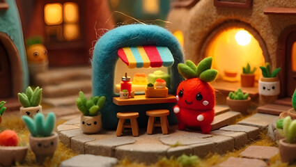 Adorable red radish creature in a whimsical miniature world, standing by a tiny market stall in a cozy, handcrafted felt village, Generative AI
