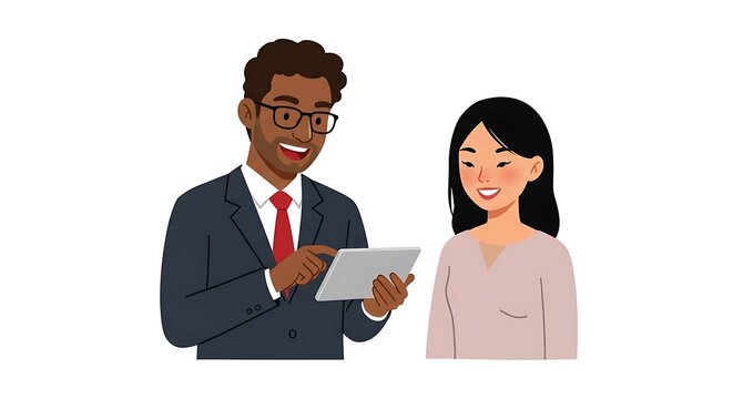 A professional man and woman looking at a tablet computer together and smiling.