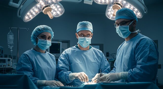 Team of professional surgeons in sterile scrubs performing a complex operation in a modern hospital operating room.