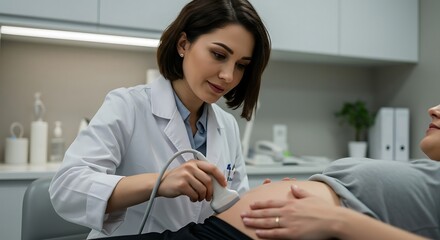 Female doctor performing a prenatal ultrasound scan on a pregnant patient's abdomen in a medical clinic.