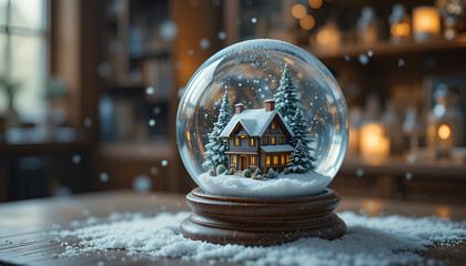 Charming snow globe featuring a cozy house and snowcovered trees on a wooden table in a warm setting