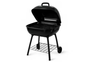 Black portable charcoal bbq grill with lid open, ready for outdoor summer cooking and grilling, transparent background