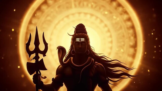 Divine figure silhouette with glowing halo and symbolic trident radiating warm golden light against a detailed intricate circular pattern in spiritual artistic rendering