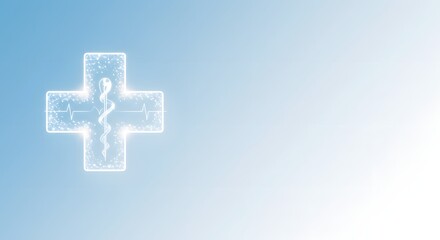 Obraz premium Digital Medical Cross Icon with Caduceus and Heartbeat on Blue Technology Background