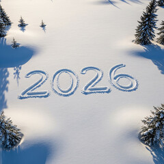 The year 2026 written in snow in a winter landscape with trees