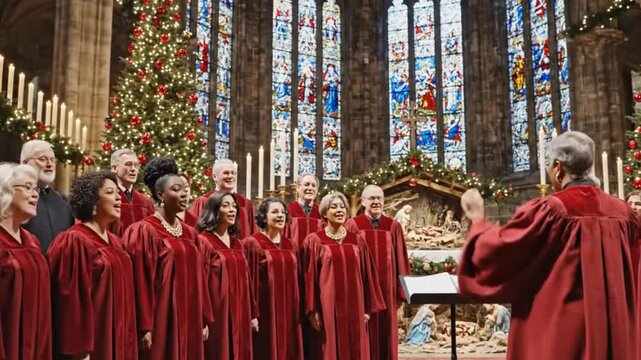 A diverse, multigenerational choir in elegant red robes performs a moving piece in a grand, historic cathedral. A conductor guides their harmonious voices amidst festive decorations, including a glowi