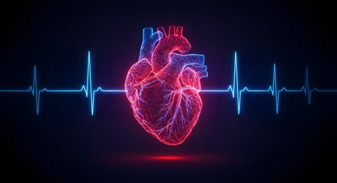 Glowing Digital Wireframe Human Heart with ECG Heartbeat on Dark Blue Background