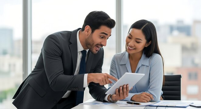 Two diverse business colleagues collaborating and smiling while looking at a digital tablet in a modern office.