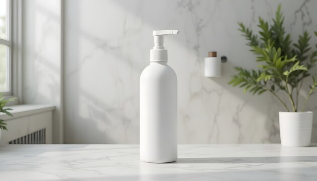 Clean white dispenser bottle on marble countertop with natural light, perfect for modern skincare product mockups and branding