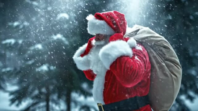 A holiday figure in a red suit carries a heavy sack through a forest during a snowstorm. The character seems overwhelmed, holding their head as snow falls in a dramatic spotlight. This cinematic clip 