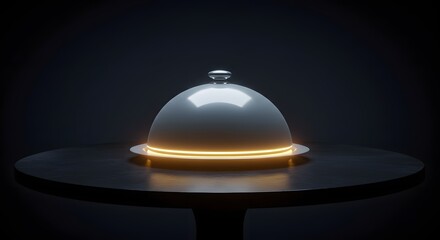 Exclusive Dinner Service Cloche on Dark Table with Dramatic Glowing Light Effect