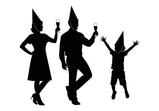 Family New Year Celebration Silhouette SVG PNG Black