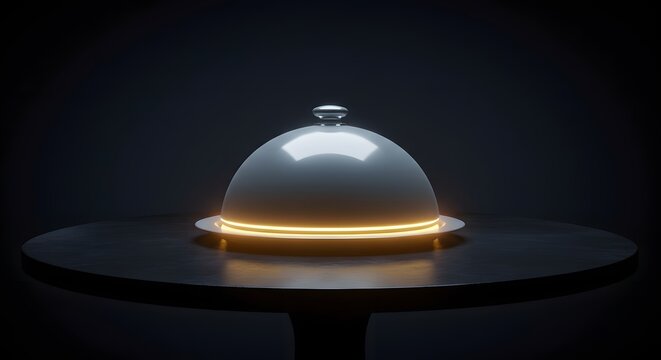 Exclusive Dinner Service Cloche on Dark Table with Dramatic Glowing Light Effect